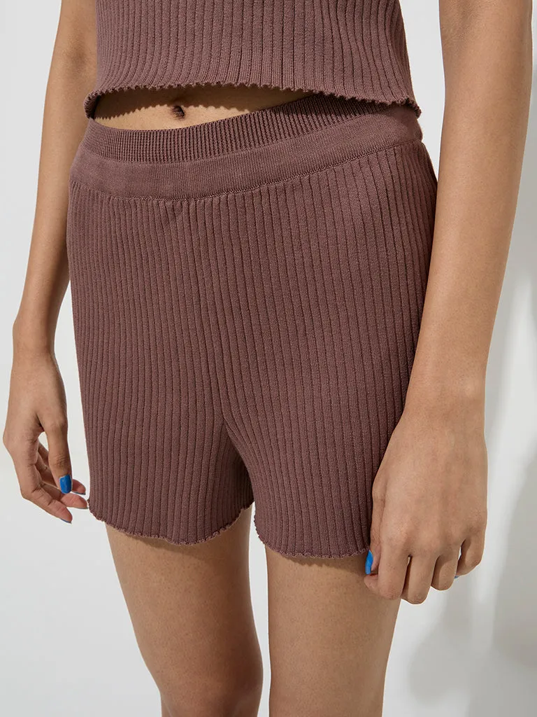 Superstar Dark Brown Ribbed High-Rise Cotton-Blend Shorts