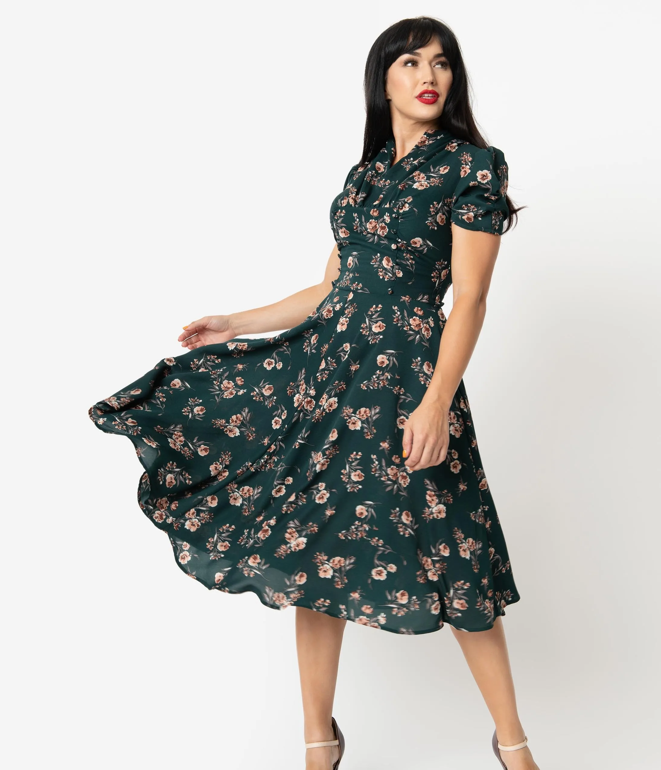 Unique Vintage 1940s Green Floral Print Camilla Midi Dress