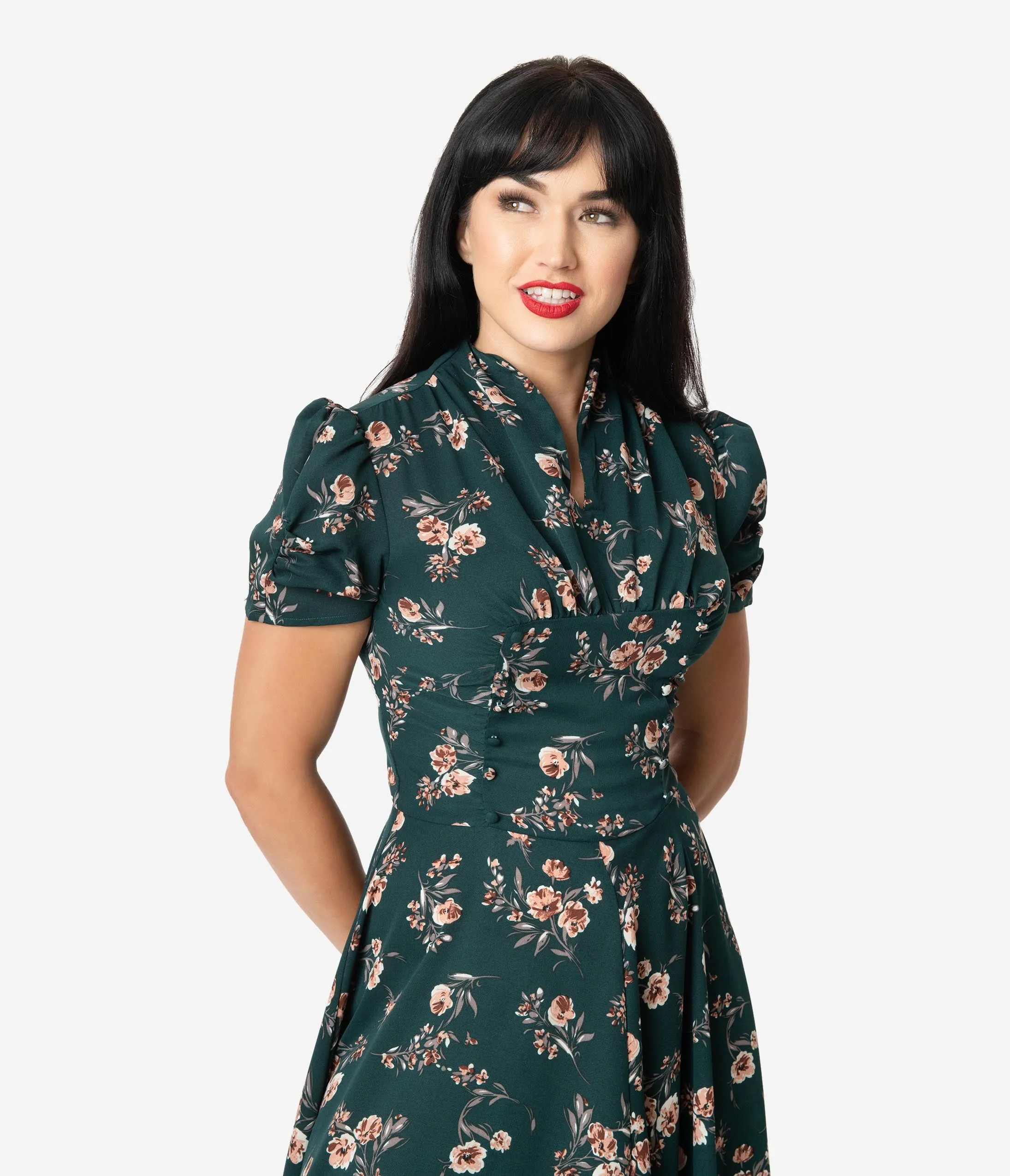 Unique Vintage 1940s Green Floral Print Camilla Midi Dress