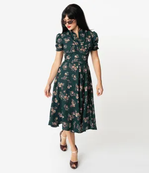 Unique Vintage 1940s Green Floral Print Camilla Midi Dress