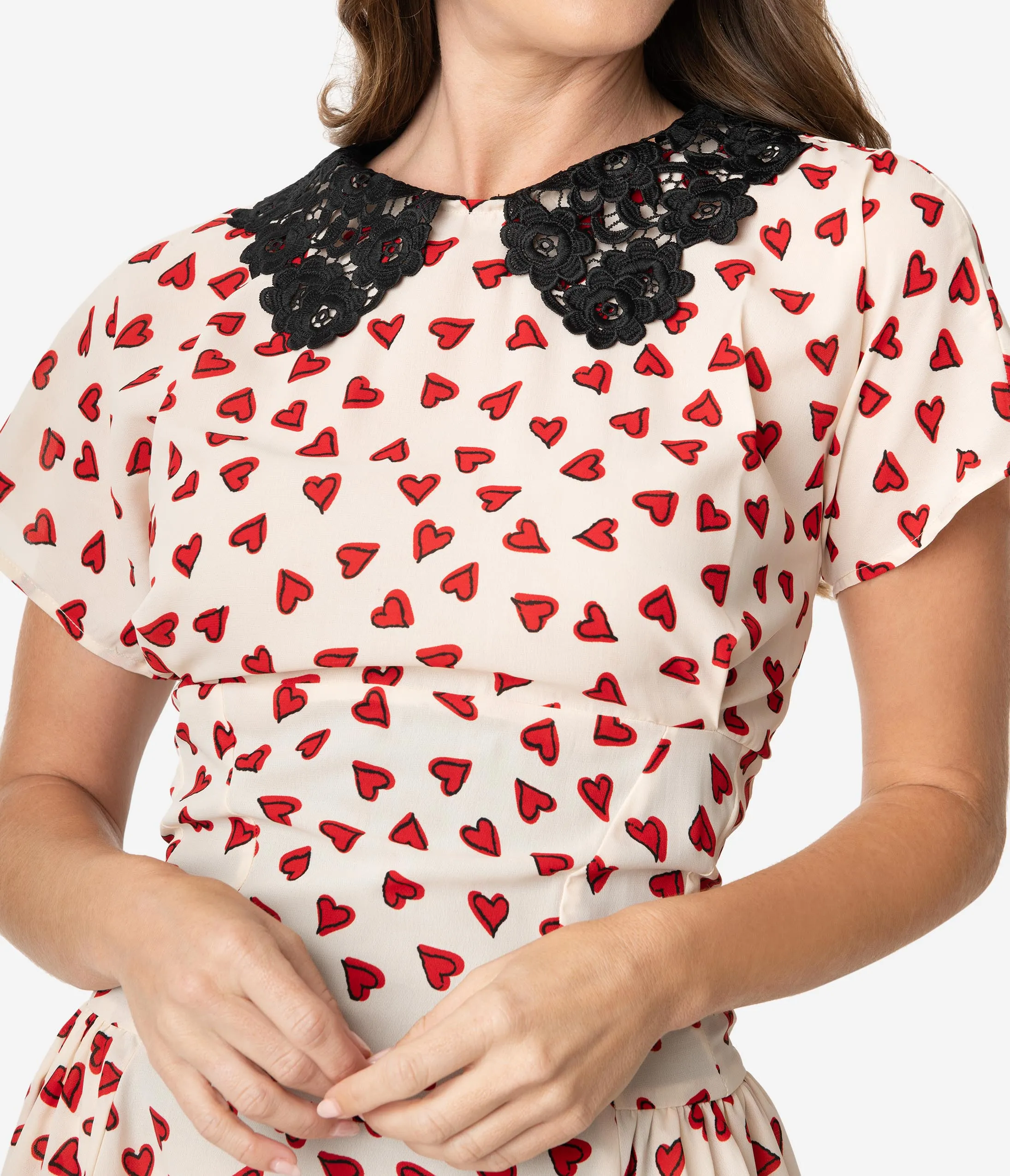 Unique Vintage 1940s Ivory & Red Heart Print Margie Dress