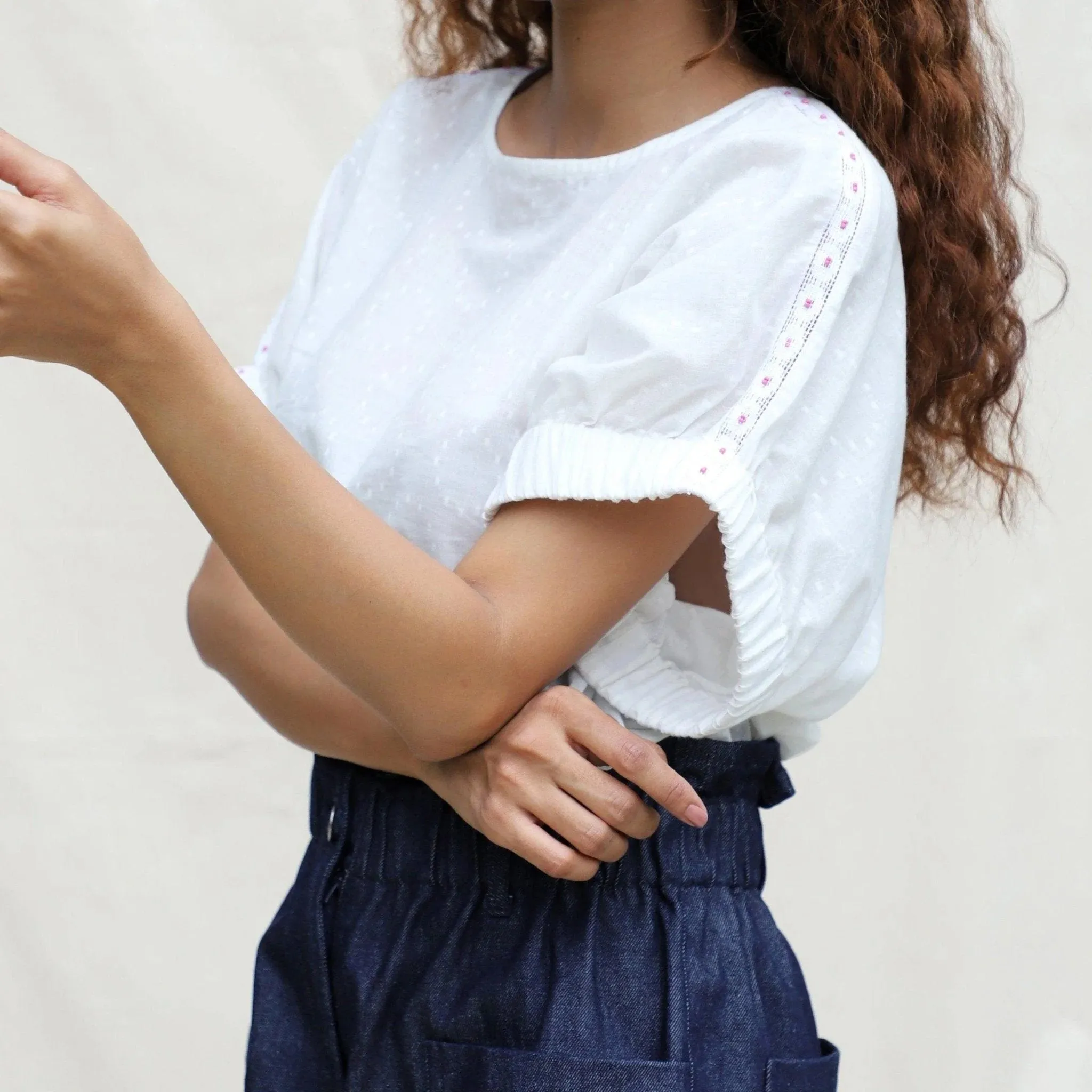 White 100% Cotton Hand-Beaded Drop Shoulder Button-Down Shirt