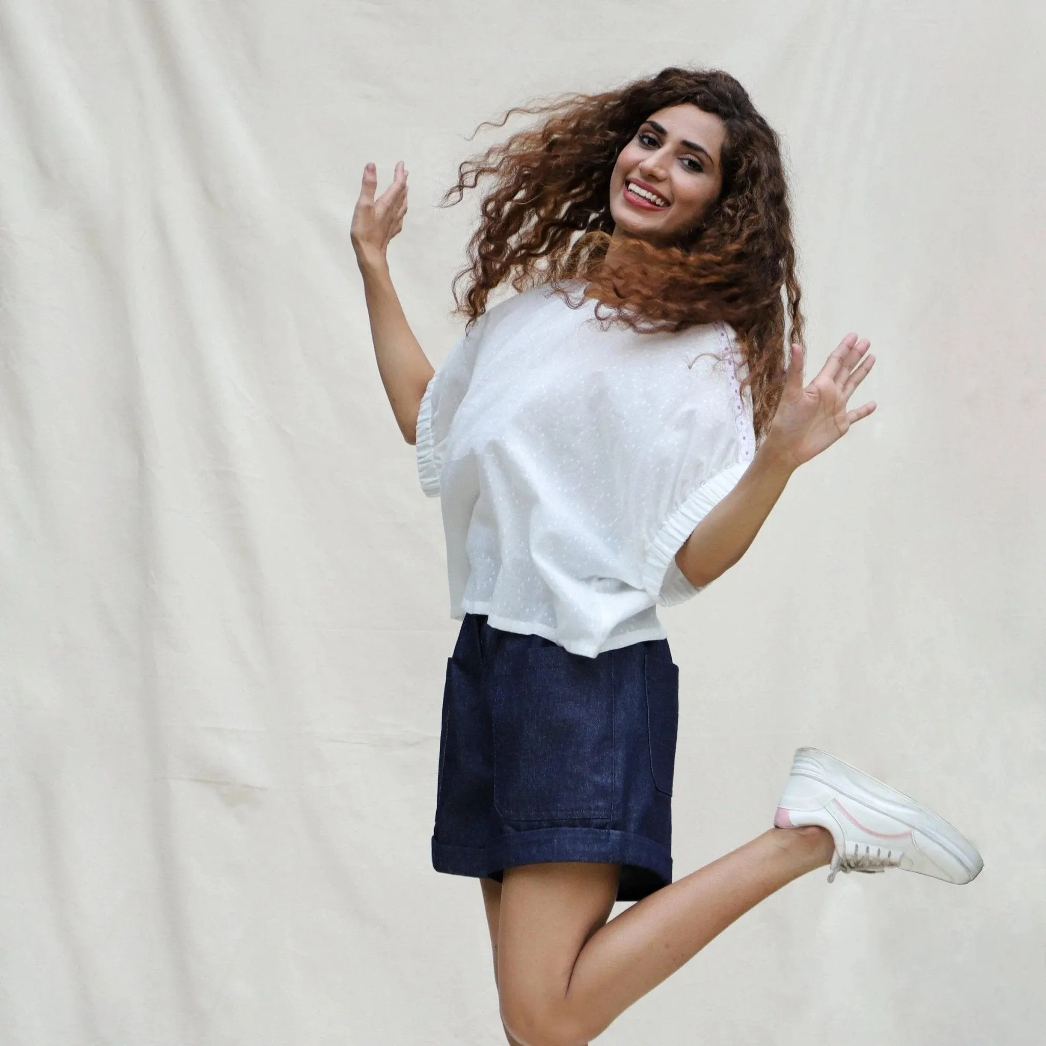 White 100% Cotton Hand-Beaded Drop Shoulder Button-Down Shirt