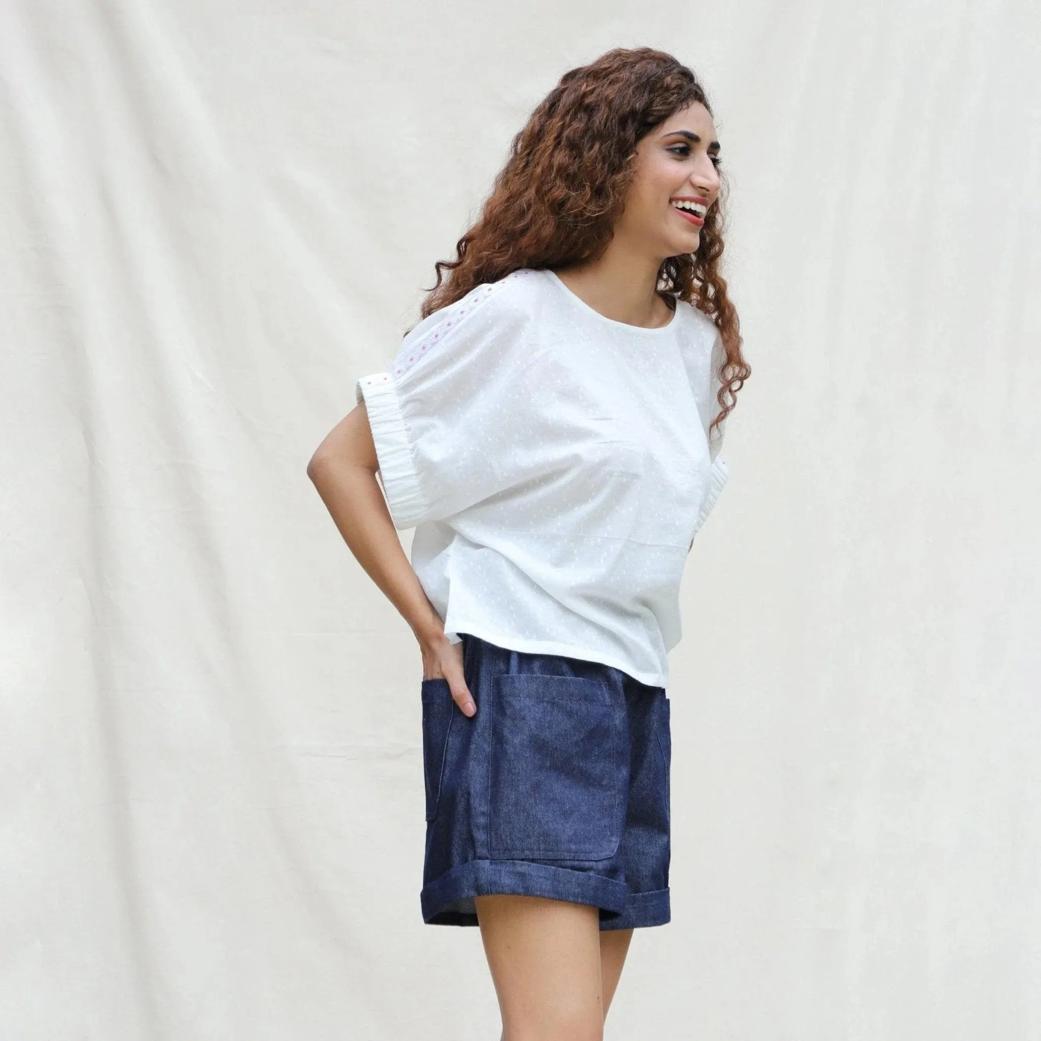 White 100% Cotton Hand-Beaded Drop Shoulder Button-Down Shirt