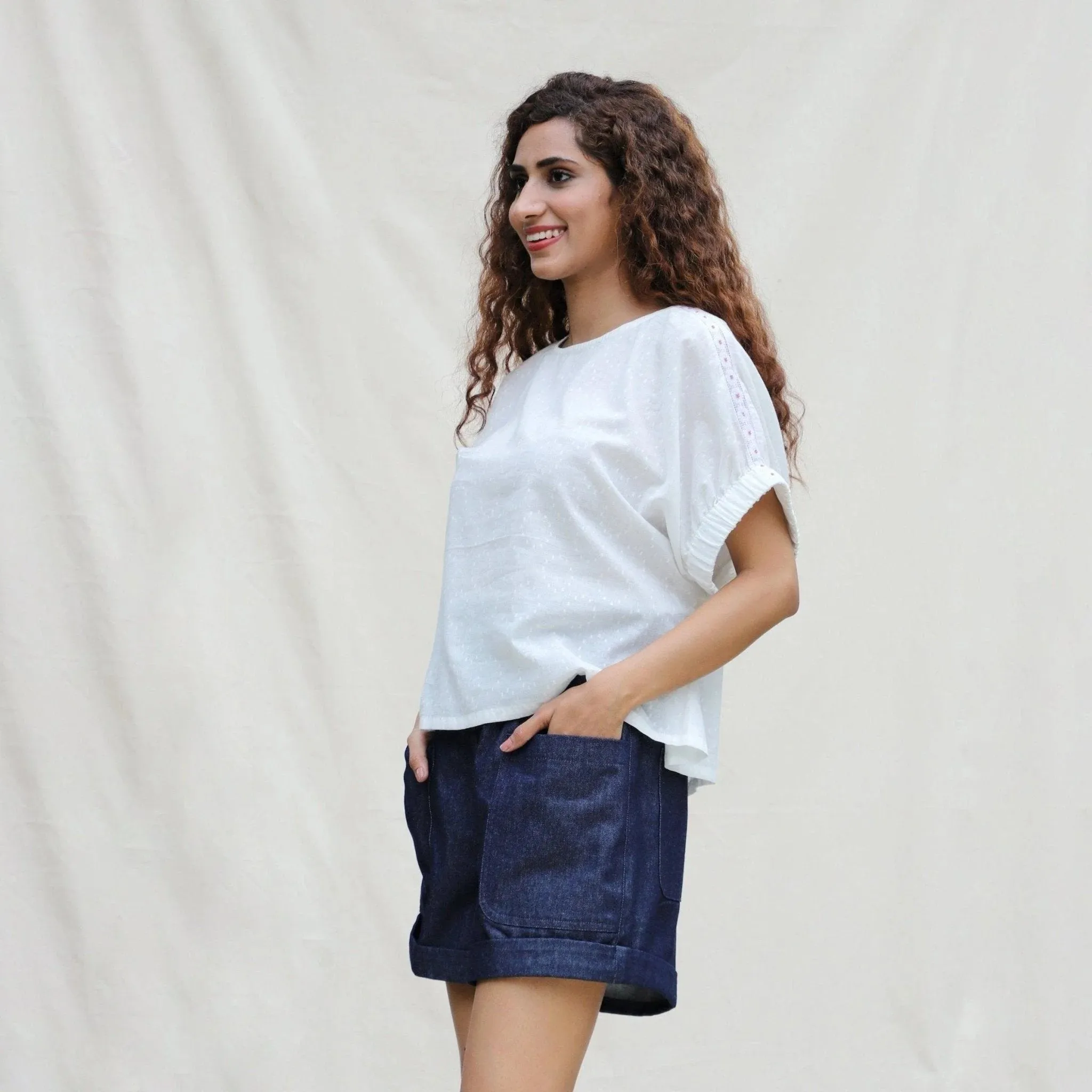 White 100% Cotton Hand-Beaded Drop Shoulder Button-Down Shirt