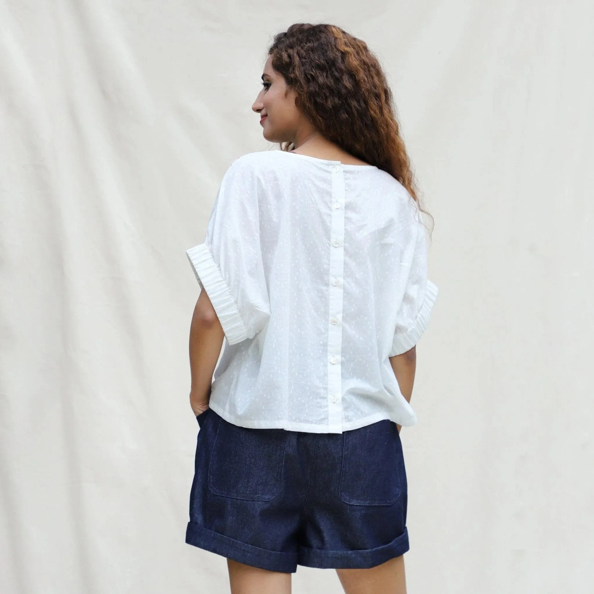 White 100% Cotton Hand-Beaded Drop Shoulder Button-Down Shirt