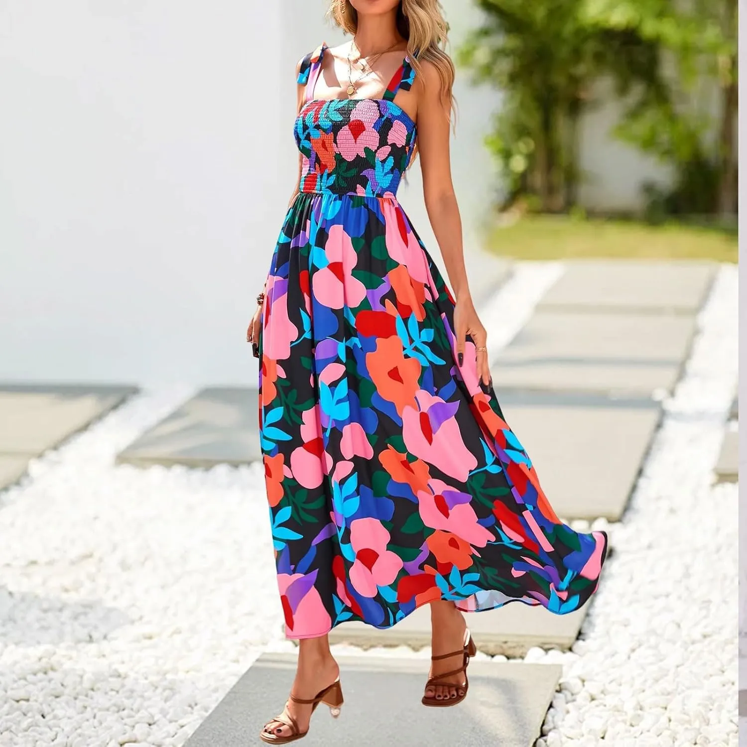 Women's 2025 Summer Floral Boho Maxi Dress Square Neck Strapped Tiered Casual Flowy Long Beach Vacation Dresses