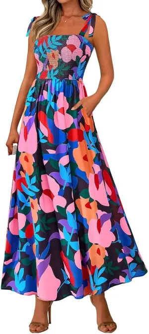 Women's 2025 Summer Floral Boho Maxi Dress Square Neck Strapped Tiered Casual Flowy Long Beach Vacation Dresses
