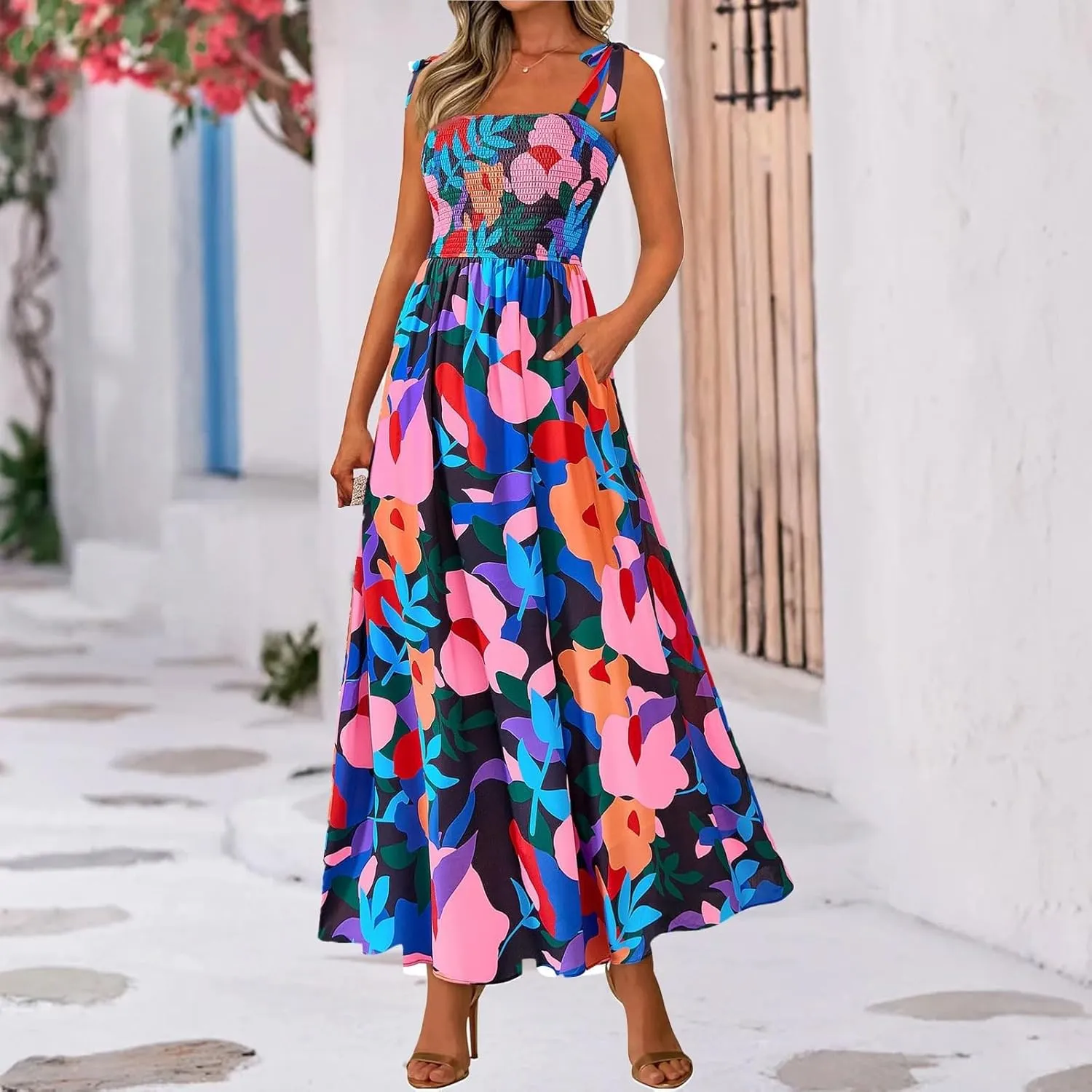 Women's 2025 Summer Floral Boho Maxi Dress Square Neck Strapped Tiered Casual Flowy Long Beach Vacation Dresses