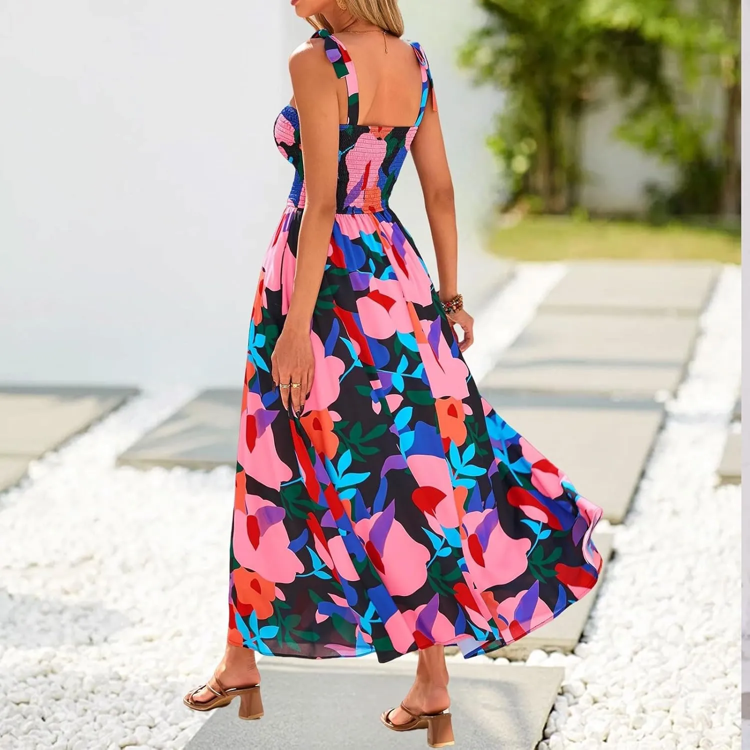 Women's 2025 Summer Floral Boho Maxi Dress Square Neck Strapped Tiered Casual Flowy Long Beach Vacation Dresses