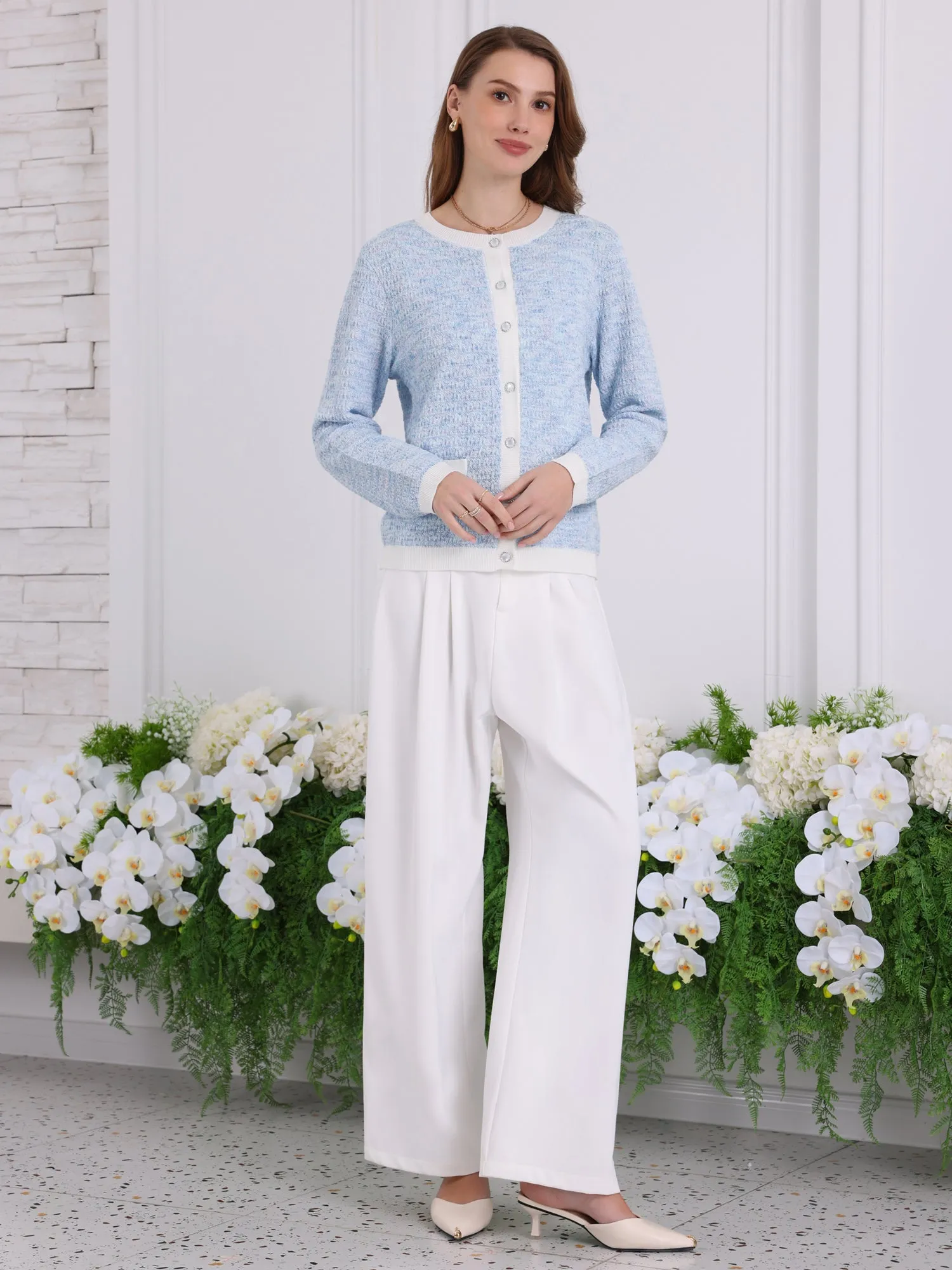Women's Elegant Cardigan Sweaters Spring Long Sleeve Knit Ribbed Jacket