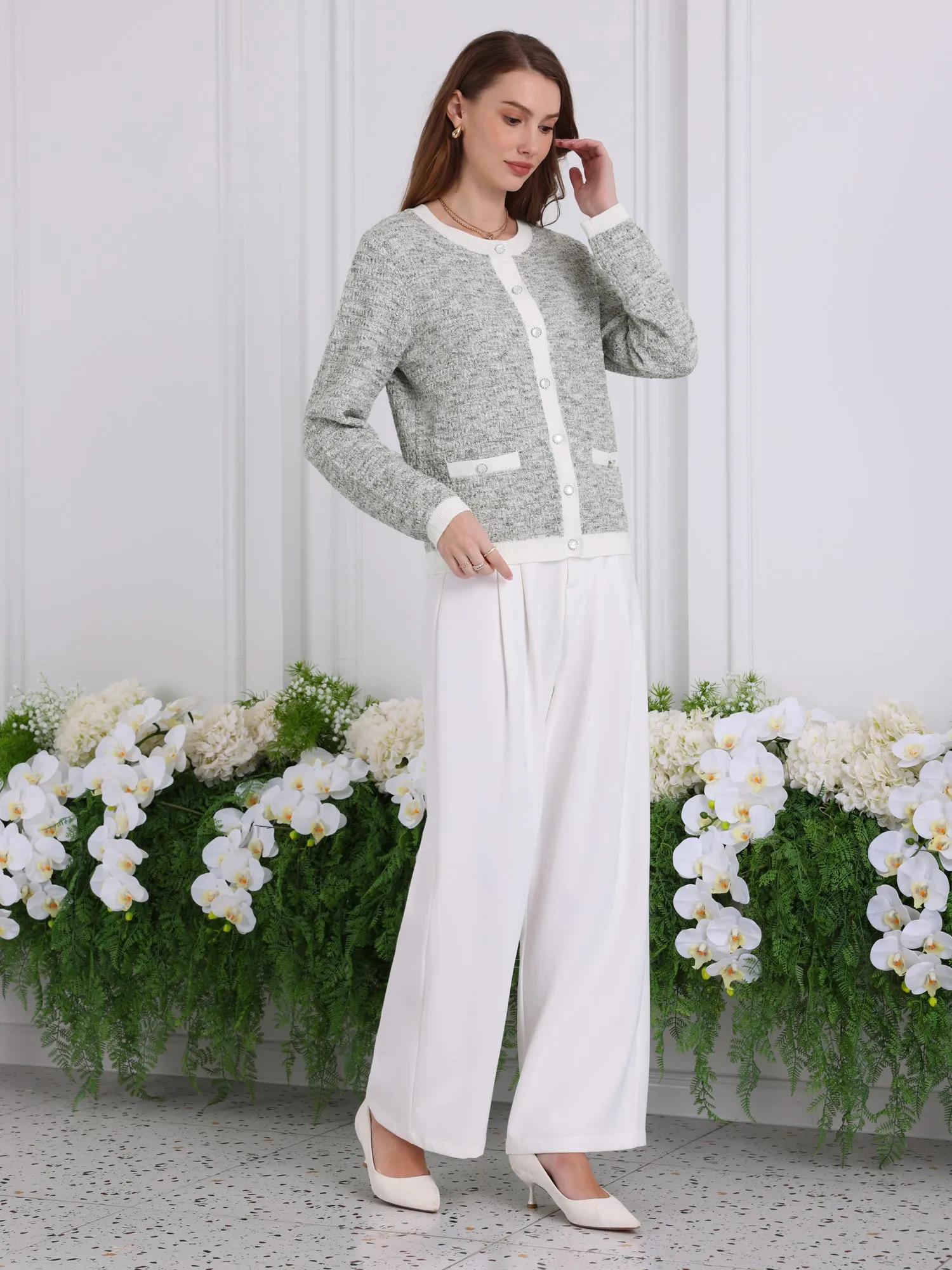 Women's Elegant Cardigan Sweaters Spring Long Sleeve Knit Ribbed Jacket