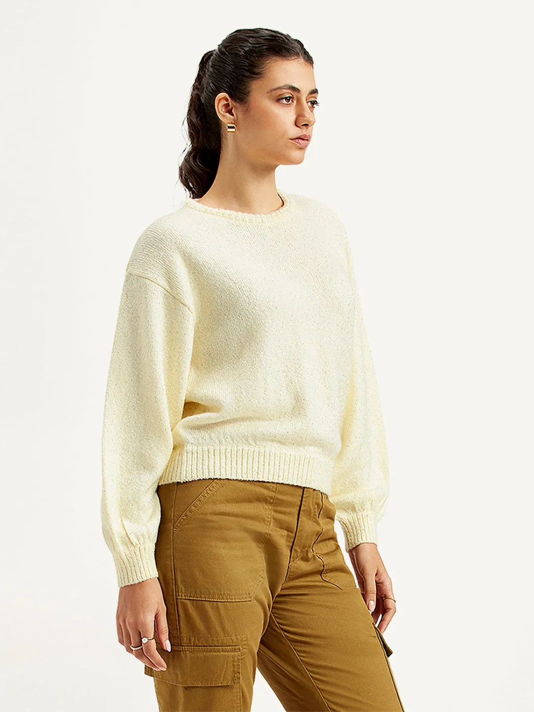 Women's Solid Off White Crew Neck Sweater