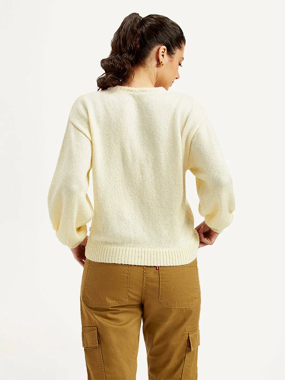Women's Solid Off White Crew Neck Sweater