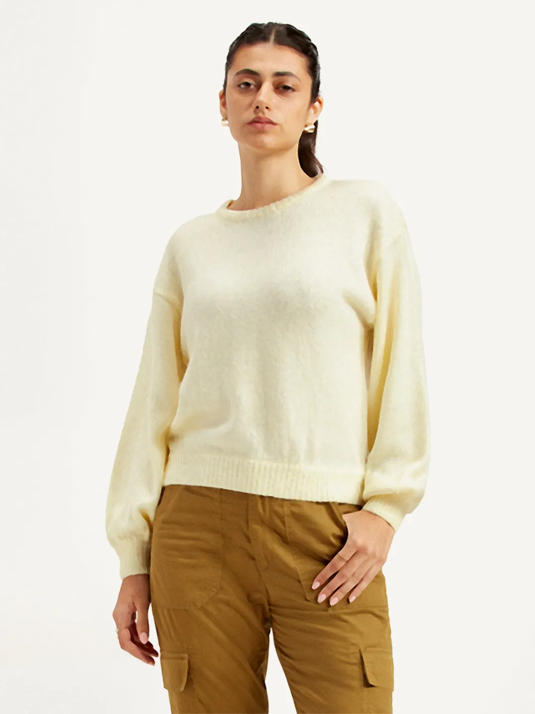 Women's Solid Off White Crew Neck Sweater