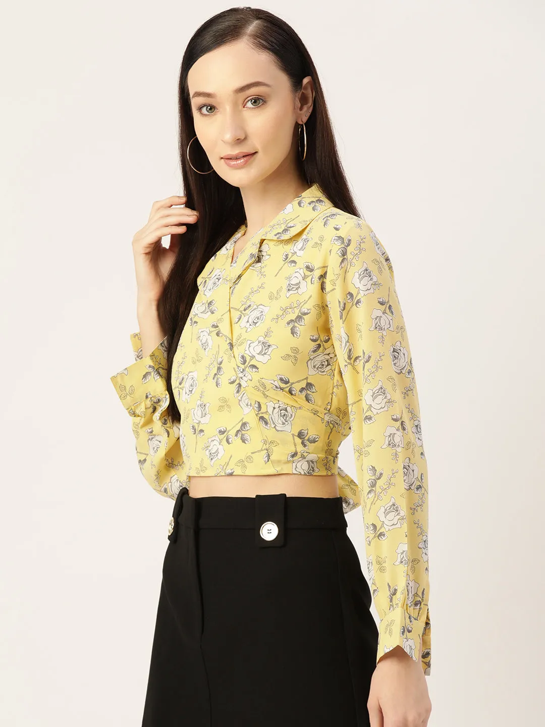 Yellow Floral Print Georgette Wrap Crop Top