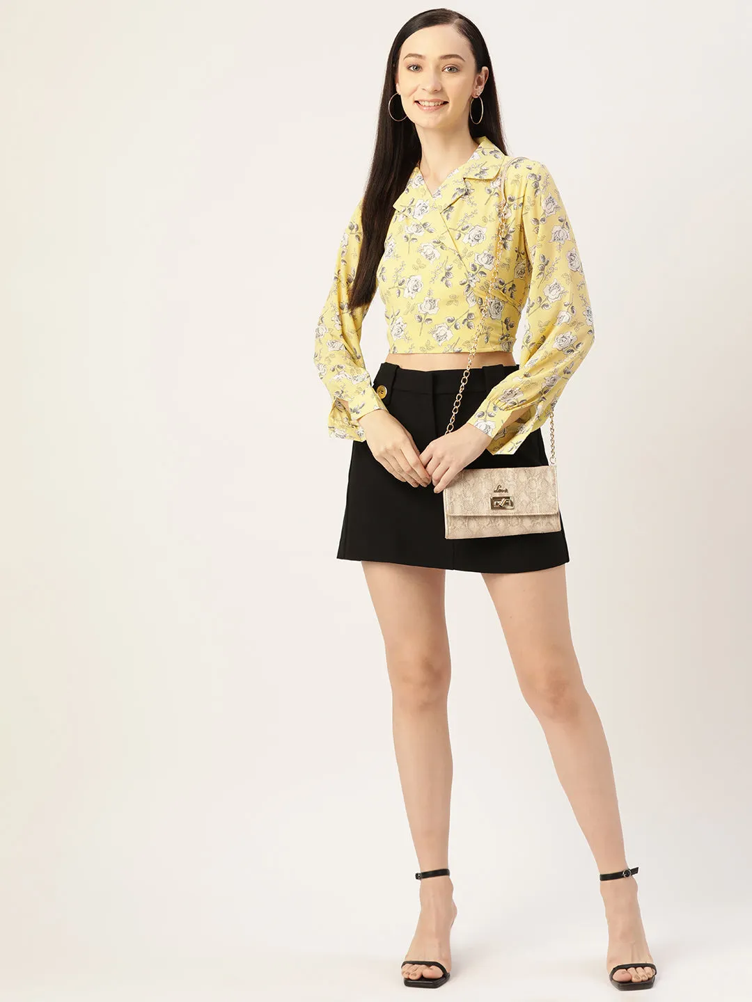 Yellow Floral Print Georgette Wrap Crop Top